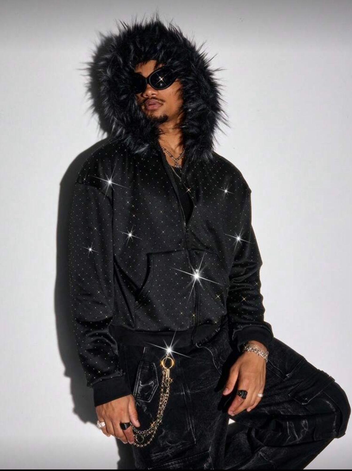 Zip-Hoodie with Rhinestones and Fur
