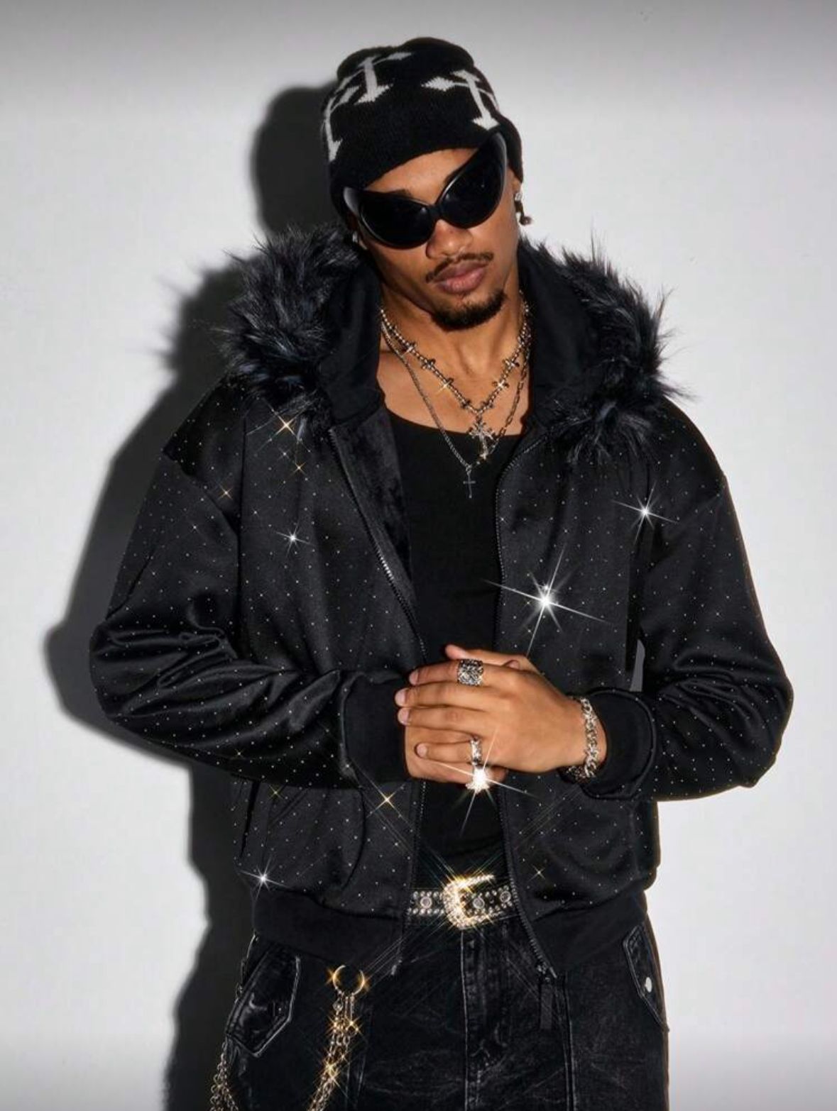 Zip-Hoodie with Rhinestones and Fur