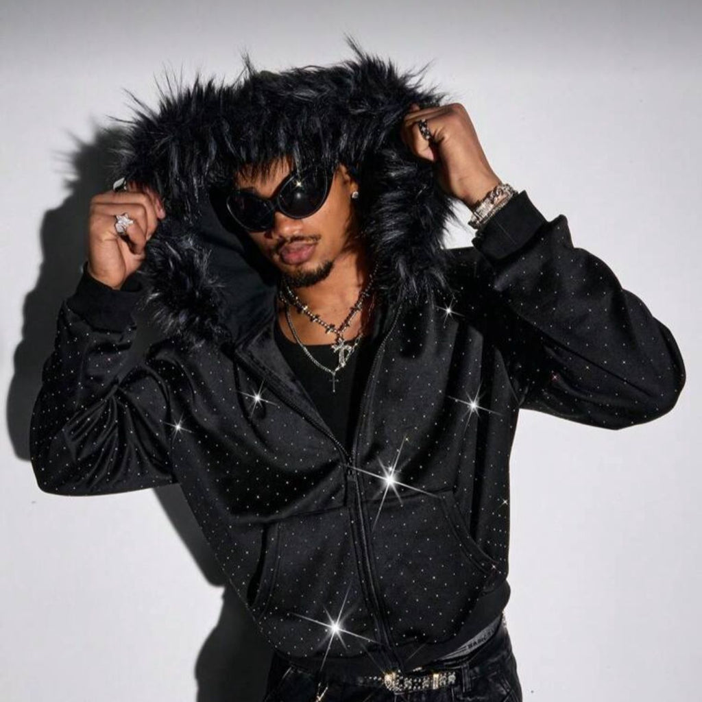 Zip-Hoodie with Rhinestones and Fur