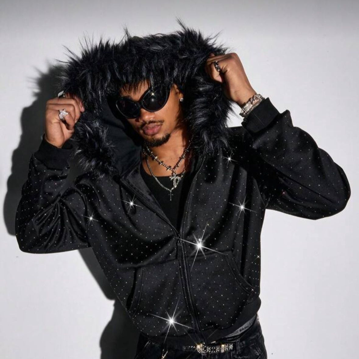 Zip-Hoodie with Rhinestones and Fur
